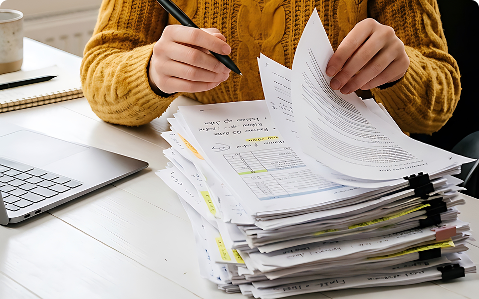 Person in a mustard sweater sorting through a tall stack of annotated financial documents next to a laptop