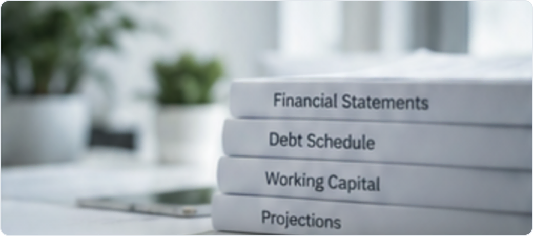 Stack of binders labeled Financial Statements, Debt Schedule, Working Capital and Projections