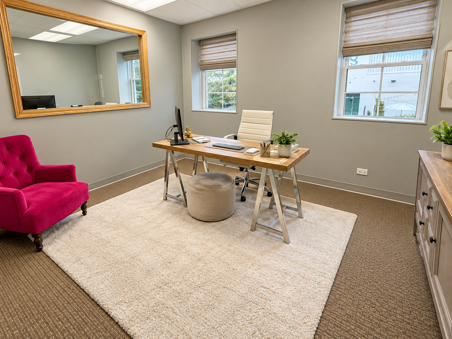Bright private office with a wooden trestle desk, a white office chair and a pink armchair on a cream rug
